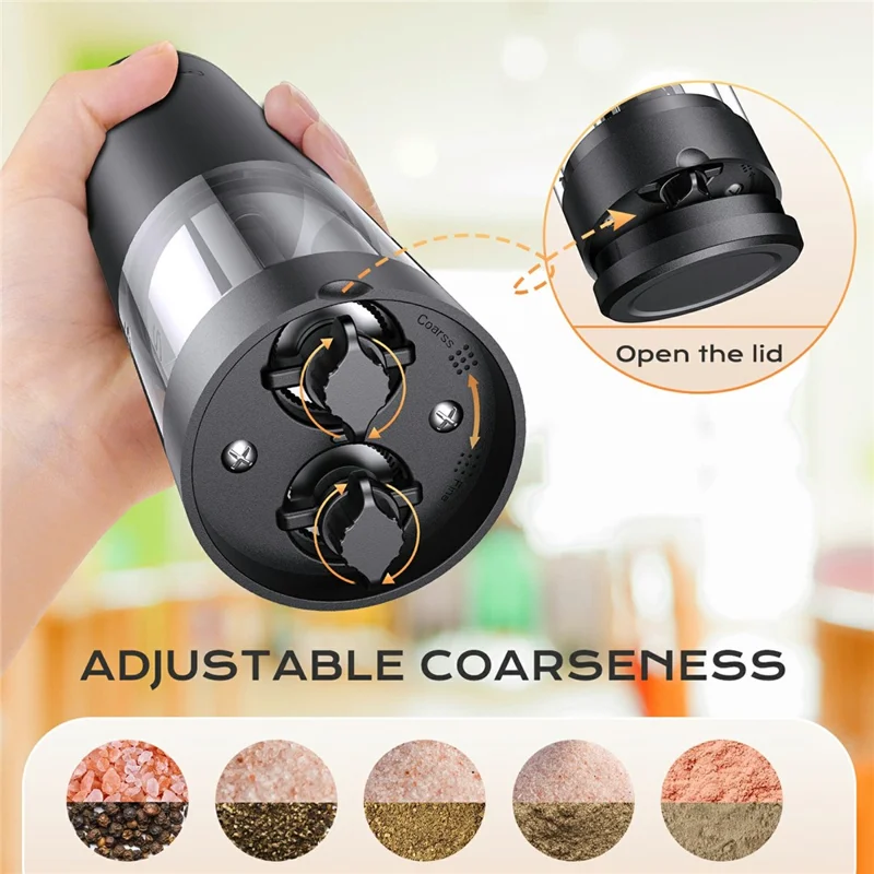 Molinillo Eléctrico de Sal y Pimienta 2 en 1, Molinillo Doble Cámara para Cocina y Cocina - Negro