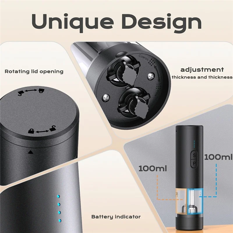 Molinillo Eléctrico de Sal y Pimienta 2 en 1, Molinillo Doble Cámara para Cocina y Cocina - Negro