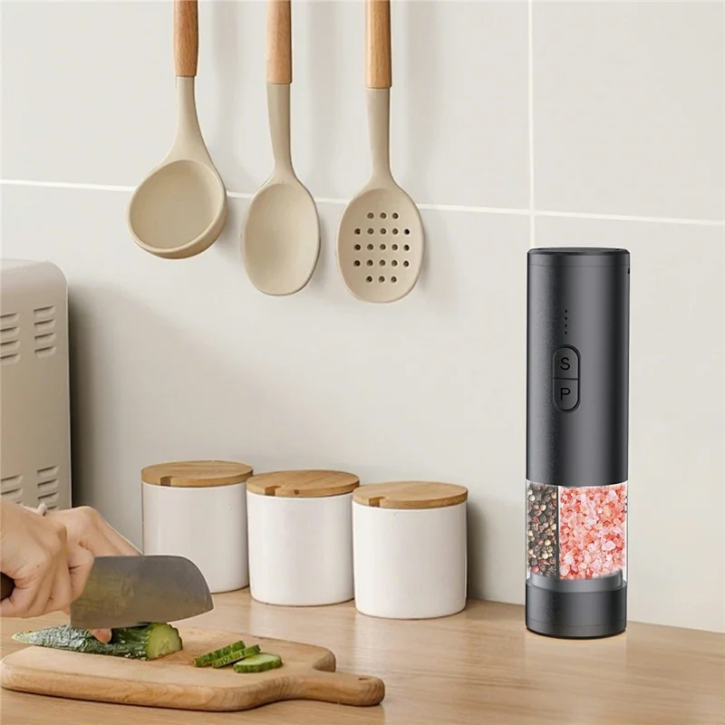 Molinillo Eléctrico de Sal y Pimienta 2 en 1, Molinillo Doble Cámara para Cocina y Cocina - Negro