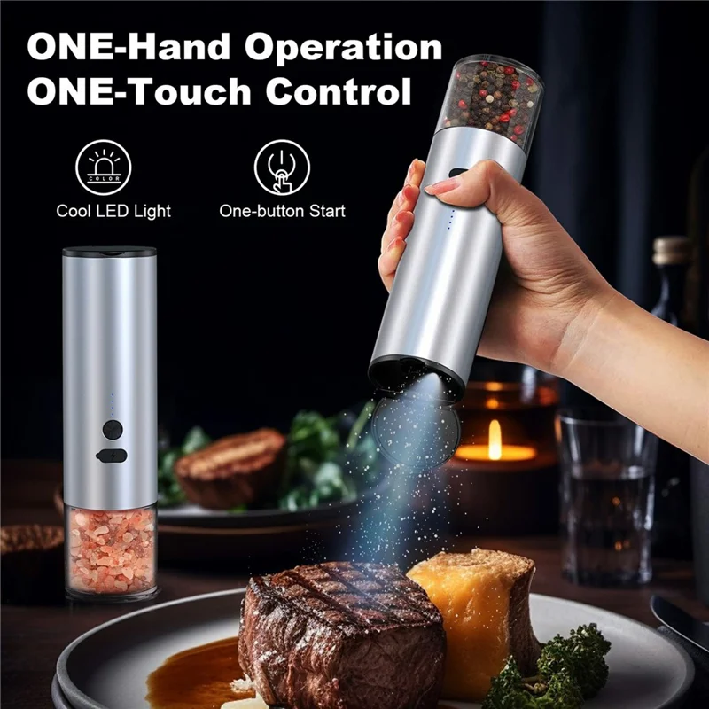 Molinillo Eléctrico de Pimienta de Aleación de Aluminio con Sensor de Gravedad y Ajuste de Groorosidad - Plata