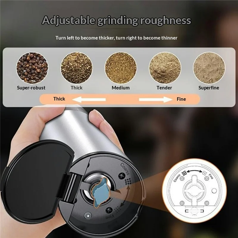Molinillo Eléctrico de Pimienta de Aleación de Aluminio con Sensor de Gravedad y Ajuste de Groorosidad - Plata