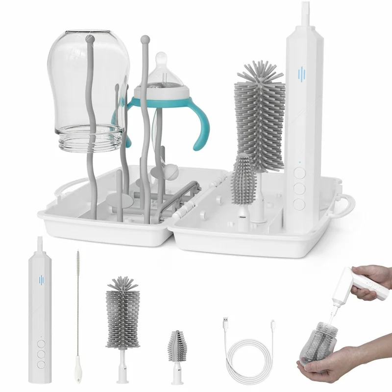 Electric Baby Feeding Bottle Brush Cleaning Kit Multi Function Baby Bottle Cleaner with Drying Rack - White