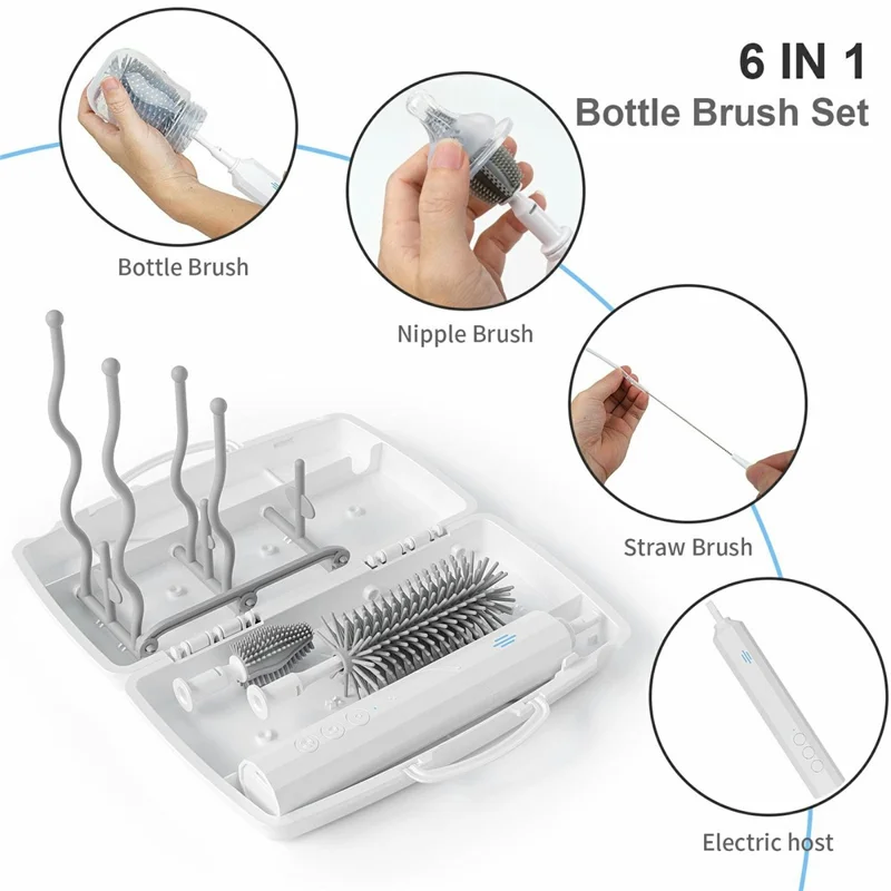 Electric Baby Feeding Bottle Brush Cleaning Kit Multi Function Baby Bottle Cleaner with Drying Rack - White