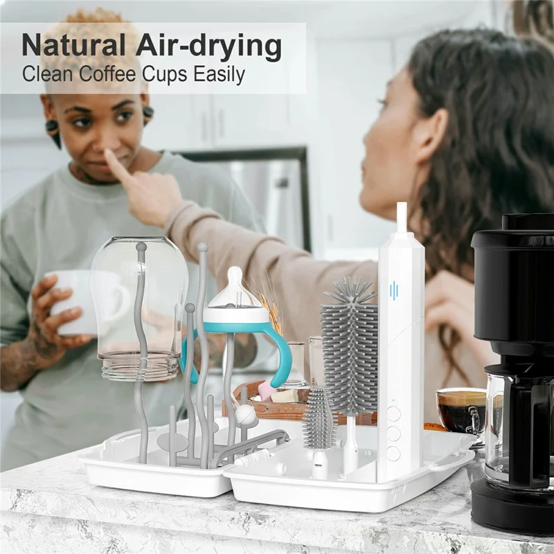 Electric Baby Feeding Bottle Brush Cleaning Kit Multi Function Baby Bottle Cleaner with Drying Rack - White