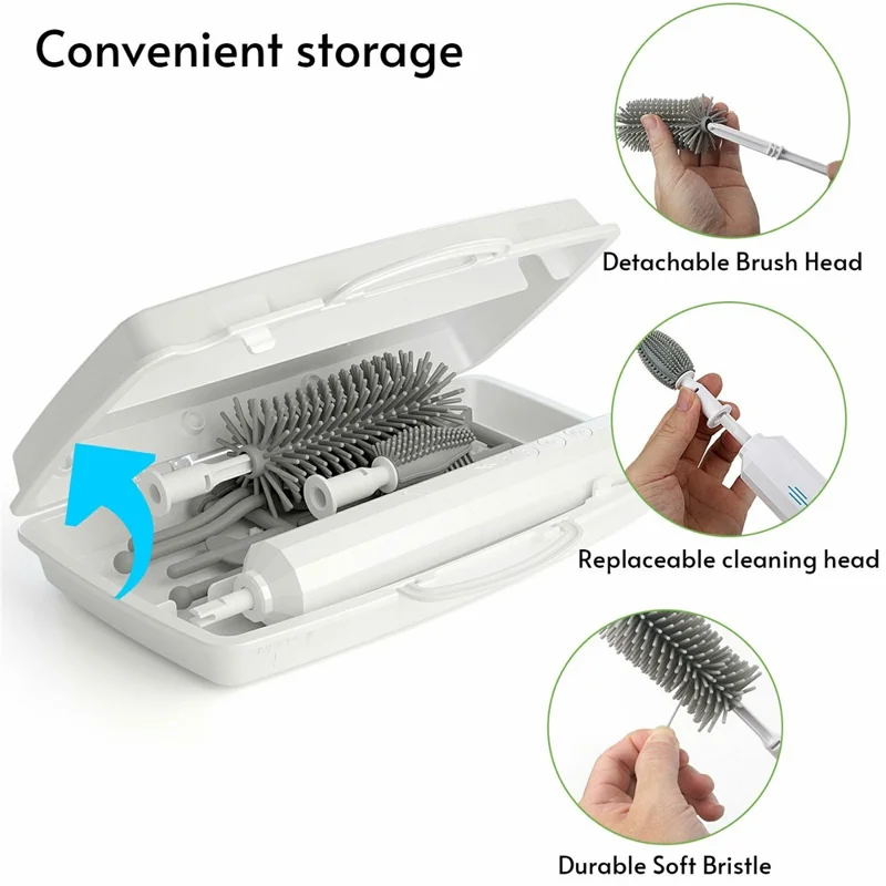 Electric Baby Feeding Bottle Brush Cleaning Kit Multi Function Baby Bottle Cleaner with Drying Rack - White