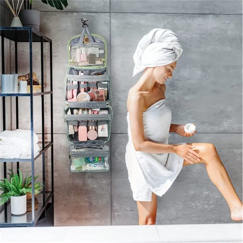 Sac de toilette de voyage étanche organisateur de maquillage avec crochet sac à cosmétiques suspendu - Noir