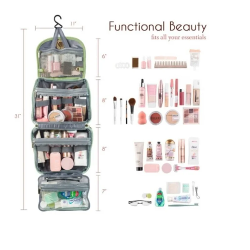 Sac de toilette de voyage étanche organisateur de maquillage avec crochet sac à cosmétiques suspendu - Noir