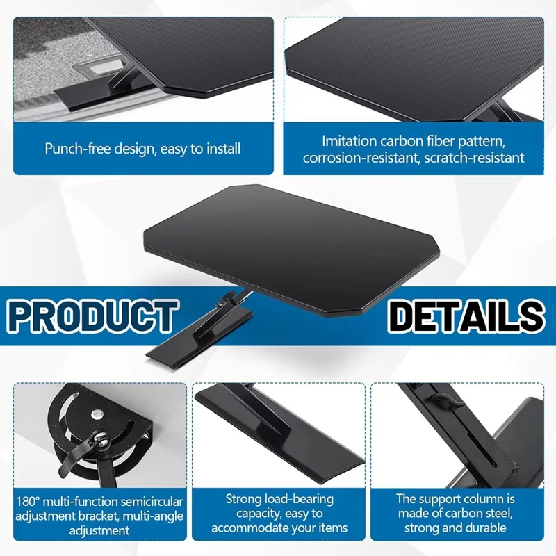 Tablette de Coffre de Voiture Portable Pliable Bureau de Camping Texture Fibre de Carbone Table Réglable à 180 Degrés - Noir