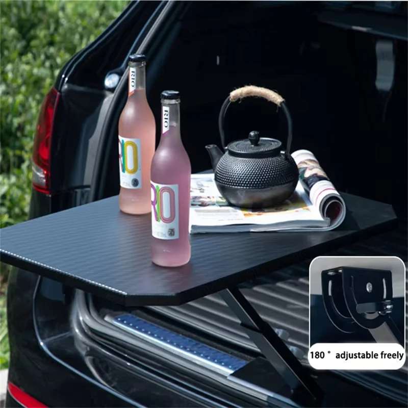 Tablette de Coffre de Voiture Portable Pliable Bureau de Camping Texture Fibre de Carbone Table Réglable à 180 Degrés - Noir