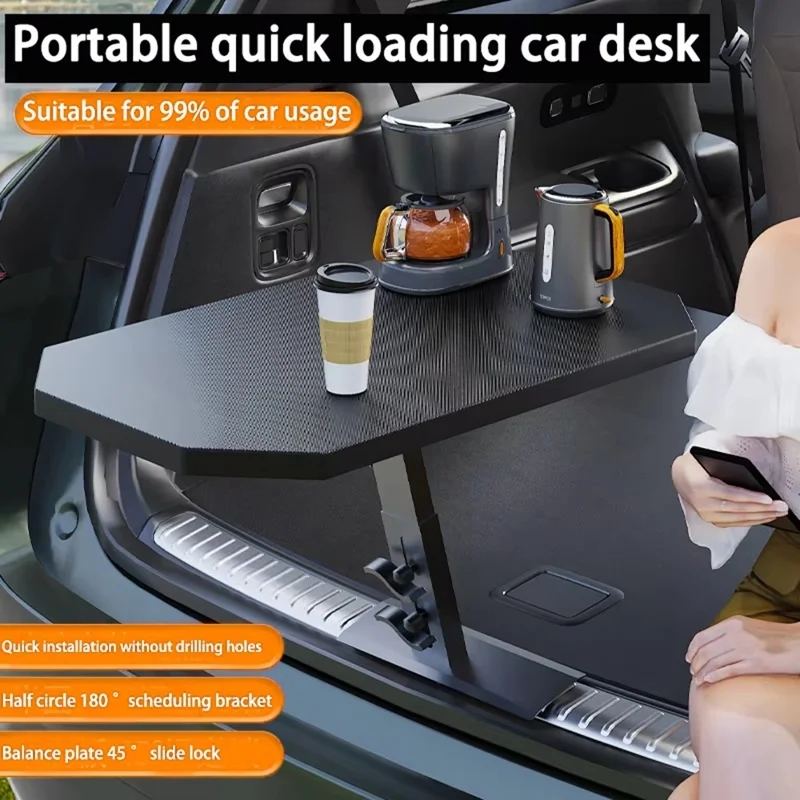 Tablette de Coffre de Voiture Portable Pliable Bureau de Camping Texture Fibre de Carbone Table Réglable à 180 Degrés - Noir