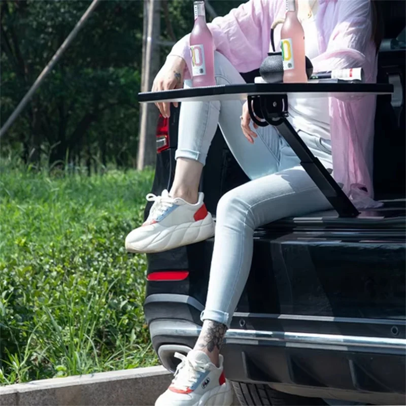 Tablette de Coffre de Voiture Portable Pliable Bureau de Camping Texture Fibre de Carbone Table Réglable à 180 Degrés - Noir