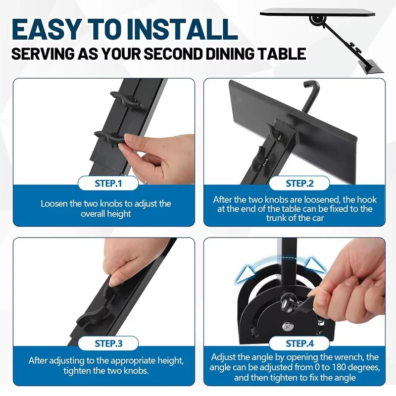 Tablette de Coffre de Voiture Portable Pliable Bureau de Camping Texture Fibre de Carbone Table Réglable à 180 Degrés - Noir