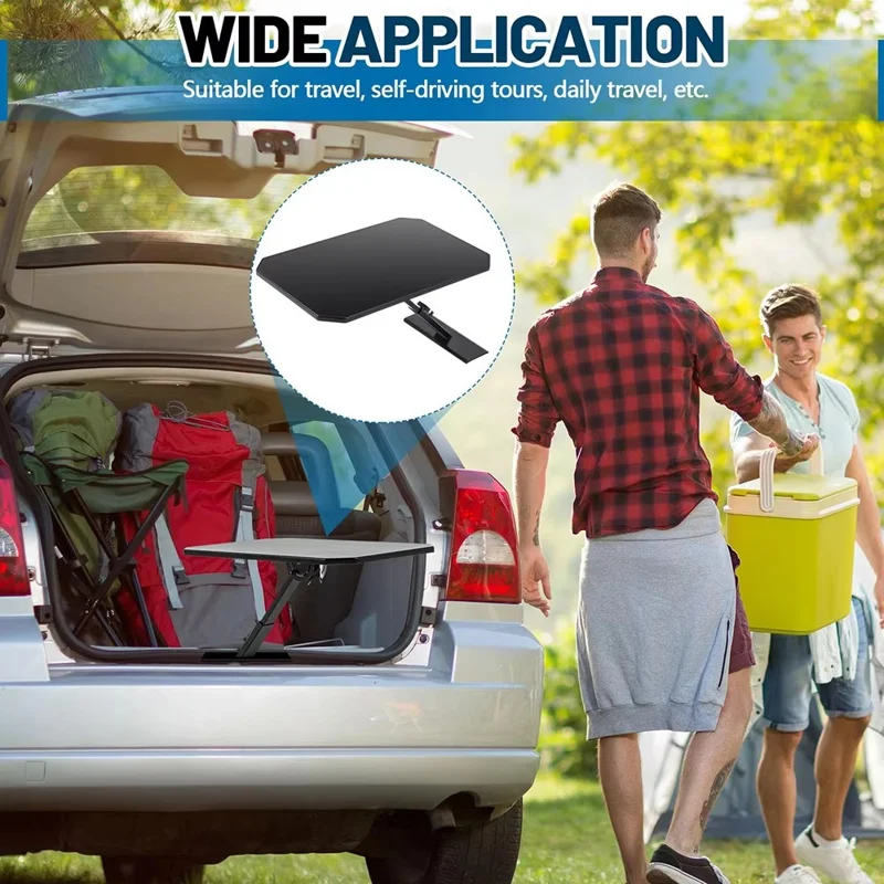 Tablette de Coffre de Voiture Portable Pliable Bureau de Camping Texture Fibre de Carbone Table Réglable à 180 Degrés - Noir