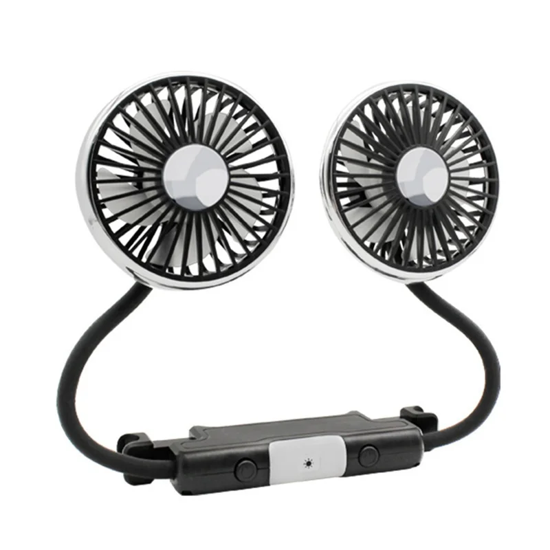 360 Degree Rotation Double Head 12V 24V Car Back Seat Fan 3-Speed Wind Adjustment USB Cooling Fan - Black
