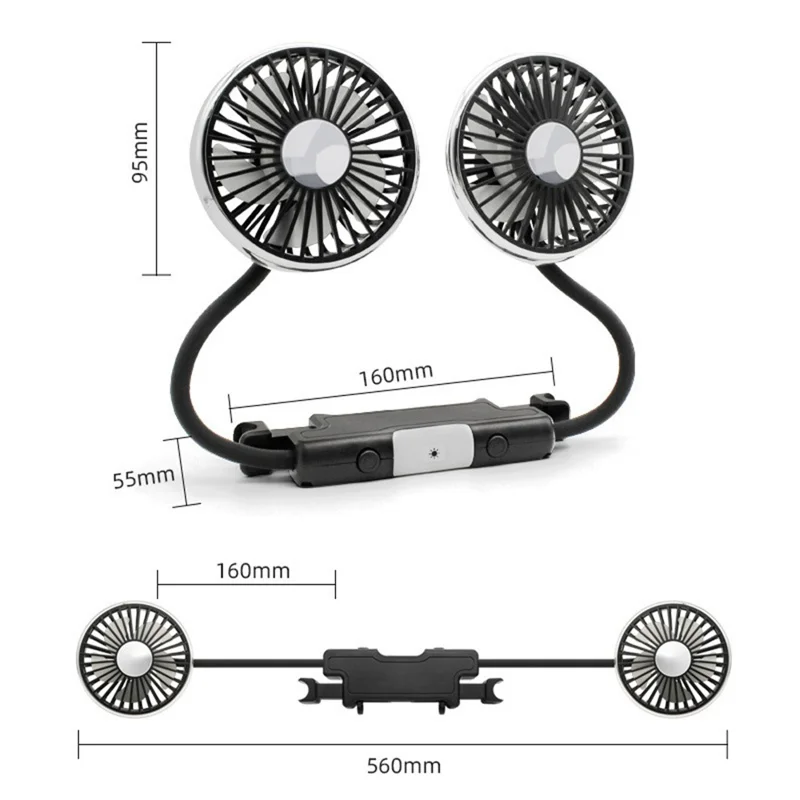 360 Degree Rotation Double Head 12V 24V Car Back Seat Fan 3-Speed Wind Adjustment USB Cooling Fan - Black