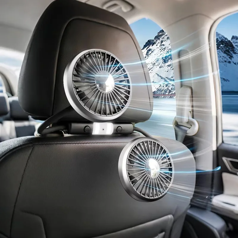 360 Degree Rotation Double Head 12V 24V Car Back Seat Fan 3-Speed Wind Adjustment USB Cooling Fan - Black