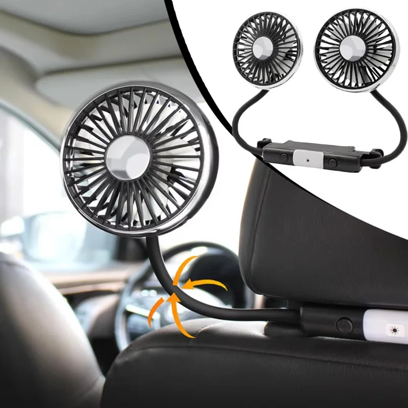 360 Degree Rotation Double Head 12V 24V Car Back Seat Fan 3-Speed Wind Adjustment USB Cooling Fan - Black