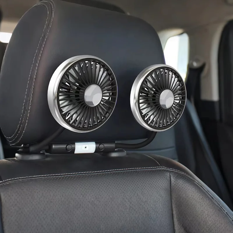 360 Degree Rotation Double Head 12V 24V Car Back Seat Fan 3-Speed Wind Adjustment USB Cooling Fan - Black