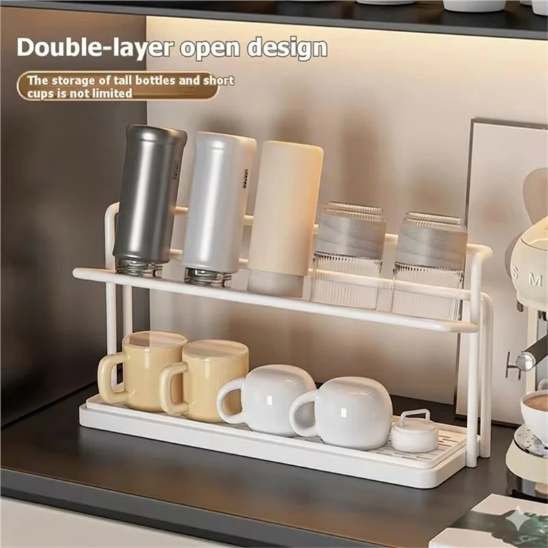 Küchen-Cup-Halterung mit zwei Etagen und Ablauftablett, Unterschrank-Organizer für Gläser und Becher - Weiß