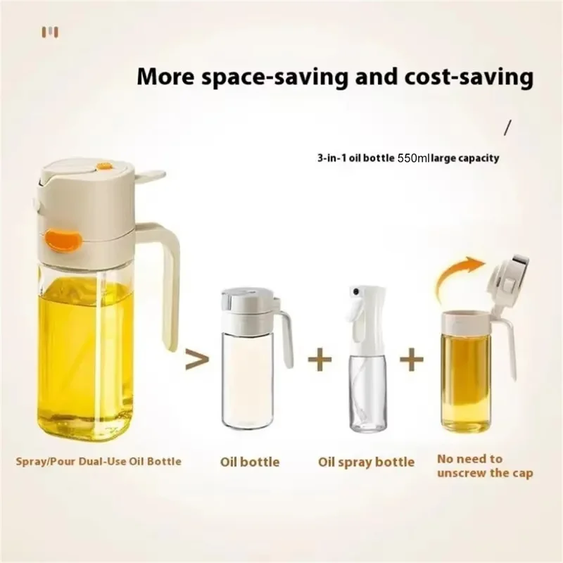 2 en 1 550 ml Botella de Aceite de Cocina con Atomizador y Vertido Botella Dosificadora de Aceite de Vidrio Antigoteo - Blanco