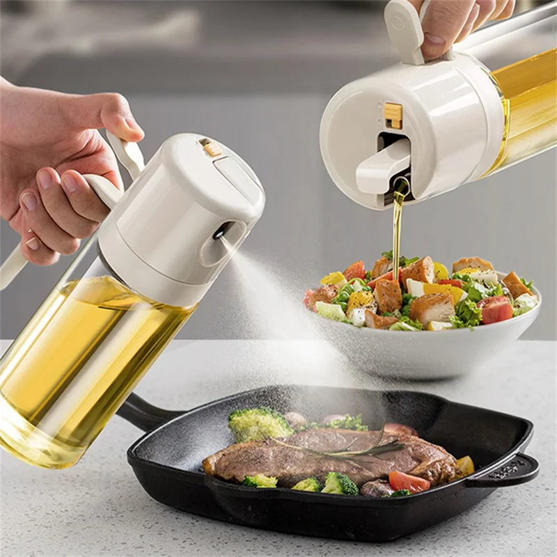 2 en 1 550 ml Botella de Aceite de Cocina con Atomizador y Vertido Botella Dosificadora de Aceite de Vidrio Antigoteo - Blanco