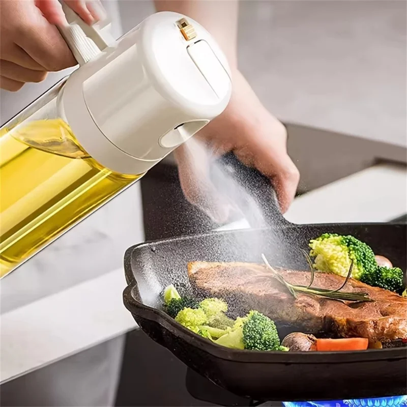 2 en 1 550 ml Botella de Aceite de Cocina con Atomizador y Vertido Botella Dosificadora de Aceite de Vidrio Antigoteo - Blanco