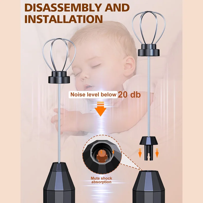 Elektrischer Milchaufschäumer aus Edelstahl, Schaumzubereiter für Kaffee, faltbarer Schneebesen mit 3 austauschbaren Aufsätzen – Schwarz