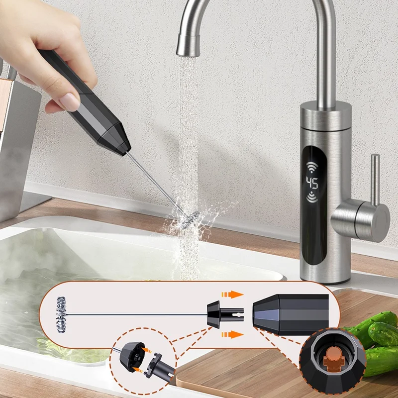 Elektrischer Milchaufschäumer aus Edelstahl, Schaumzubereiter für Kaffee, faltbarer Schneebesen mit 3 austauschbaren Aufsätzen – Schwarz