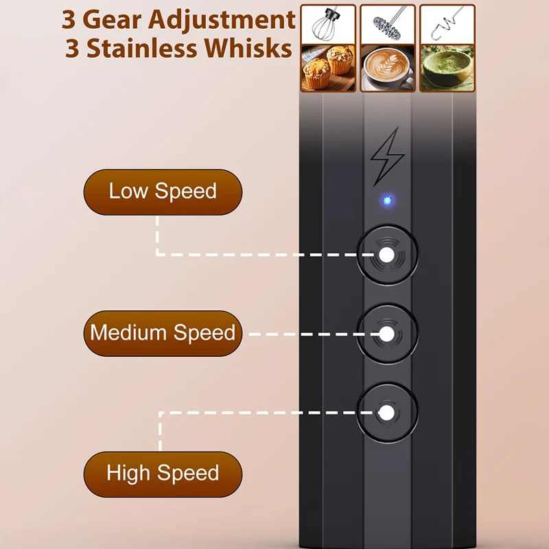 Elektrischer Milchaufschäumer aus Edelstahl, Schaumzubereiter für Kaffee, faltbarer Schneebesen mit 3 austauschbaren Aufsätzen – Schwarz