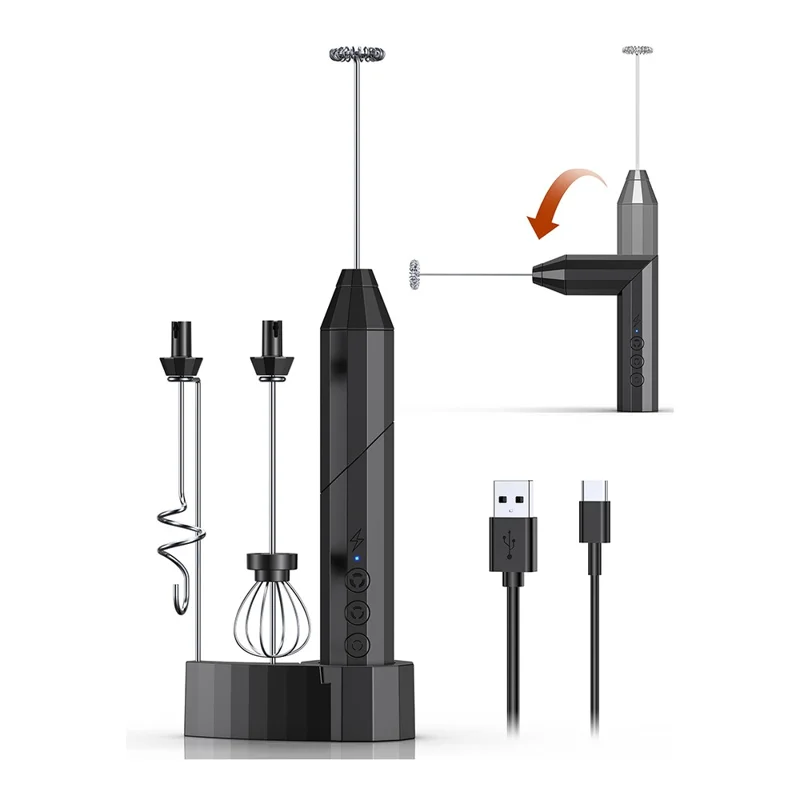 Elektrischer Milchaufschäumer aus Edelstahl, Schaumzubereiter für Kaffee, faltbarer Schneebesen mit 3 austauschbaren Aufsätzen – Schwarz