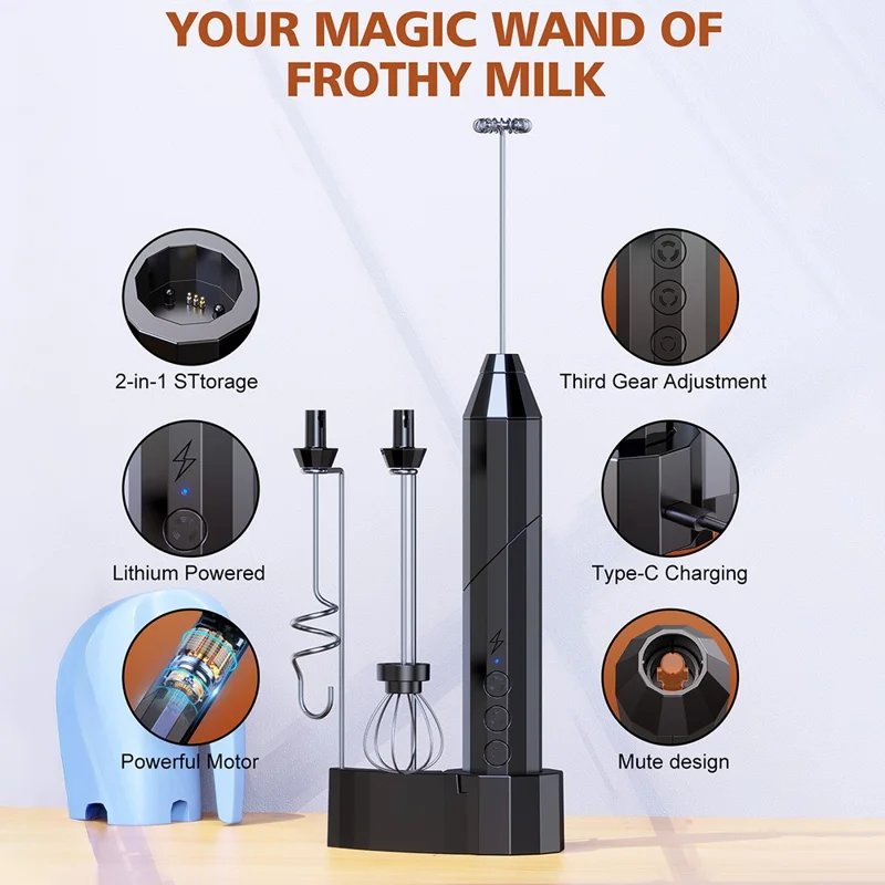 Elektrischer Milchaufschäumer aus Edelstahl, Schaumzubereiter für Kaffee, faltbarer Schneebesen mit 3 austauschbaren Aufsätzen – Schwarz