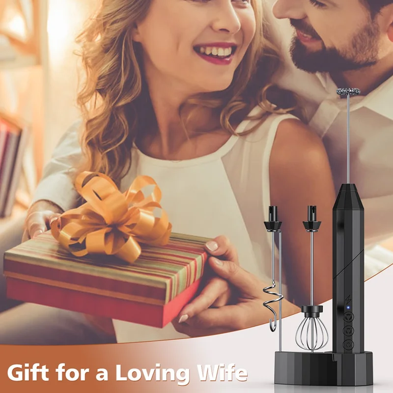 Elektrischer Milchaufschäumer aus Edelstahl, Schaumzubereiter für Kaffee, faltbarer Schneebesen mit 3 austauschbaren Aufsätzen – Schwarz