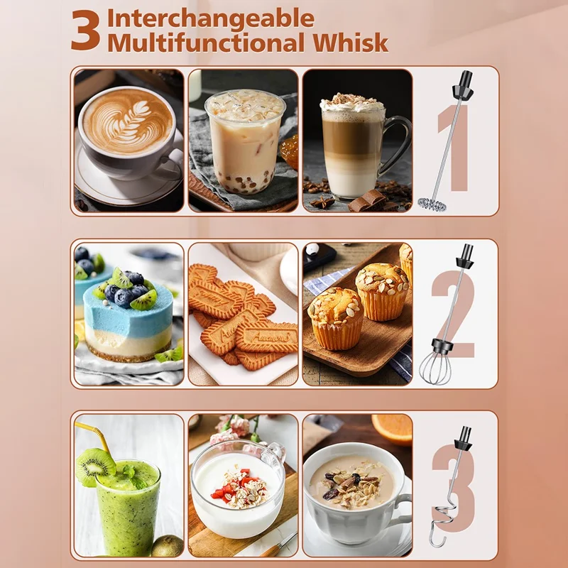 Elektrischer Milchaufschäumer aus Edelstahl, Schaumzubereiter für Kaffee, faltbarer Schneebesen mit 3 austauschbaren Aufsätzen – Schwarz