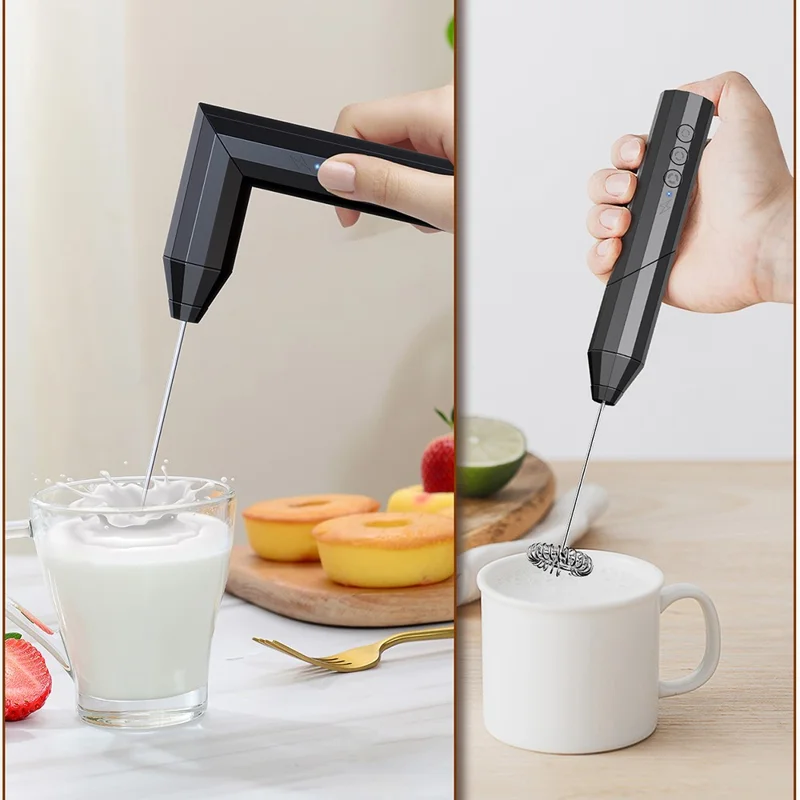 Elektrischer Milchaufschäumer aus Edelstahl, Schaumzubereiter für Kaffee, faltbarer Schneebesen mit 3 austauschbaren Aufsätzen – Schwarz