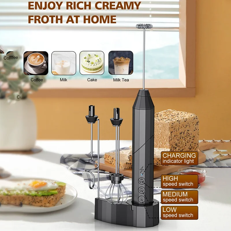 Elektrischer Milchaufschäumer aus Edelstahl, Schaumzubereiter für Kaffee, faltbarer Schneebesen mit 3 austauschbaren Aufsätzen – Schwarz