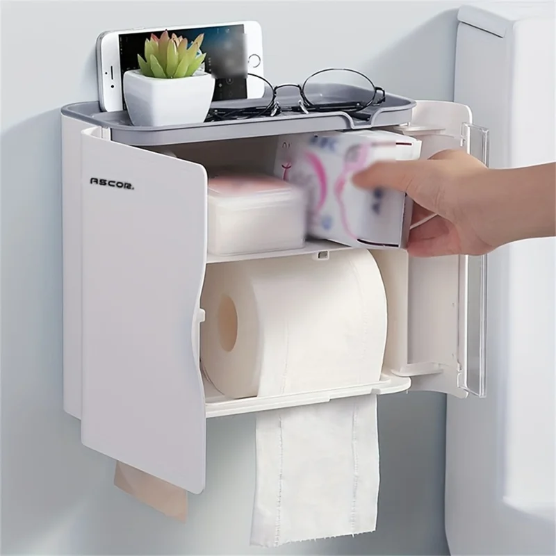 Soporte de Papel Higiénico Montado en Pared sin Perforación, Dispensador de Papel, Organizador de Almacenamiento para Baño - Blanco