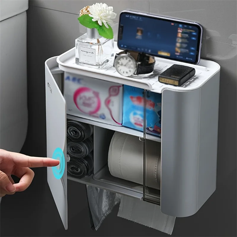 Soporte de Papel Higiénico Montado en Pared sin Perforación, Dispensador de Papel, Organizador de Almacenamiento para Baño - Blanco