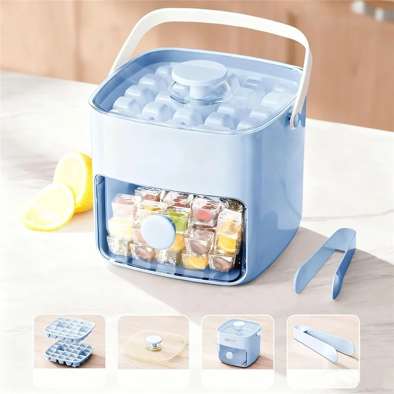 Molde para hielo de doble capa con 48 cavidades, sistema de pulsación y cajón de almacenamiento, bandeja portátil para cubitos de hielo (sin BPA, sin FDA) - Azul