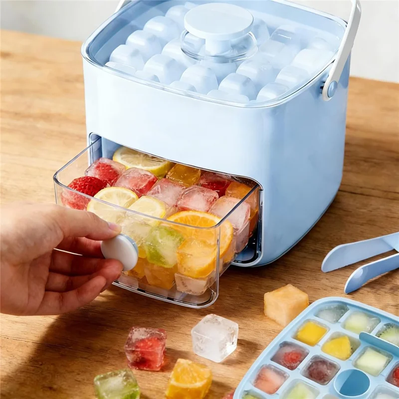 Molde para hielo de doble capa con 48 cavidades, sistema de pulsación y cajón de almacenamiento, bandeja portátil para cubitos de hielo (sin BPA, sin FDA) - Azul