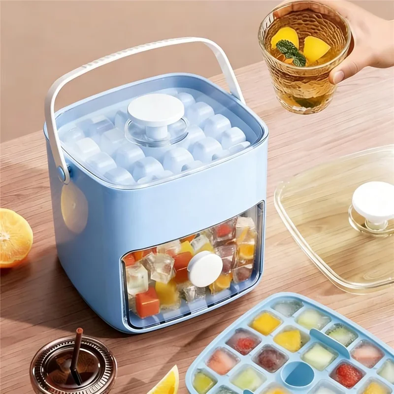 Molde para hielo de doble capa con 48 cavidades, sistema de pulsación y cajón de almacenamiento, bandeja portátil para cubitos de hielo (sin BPA, sin FDA) - Azul
