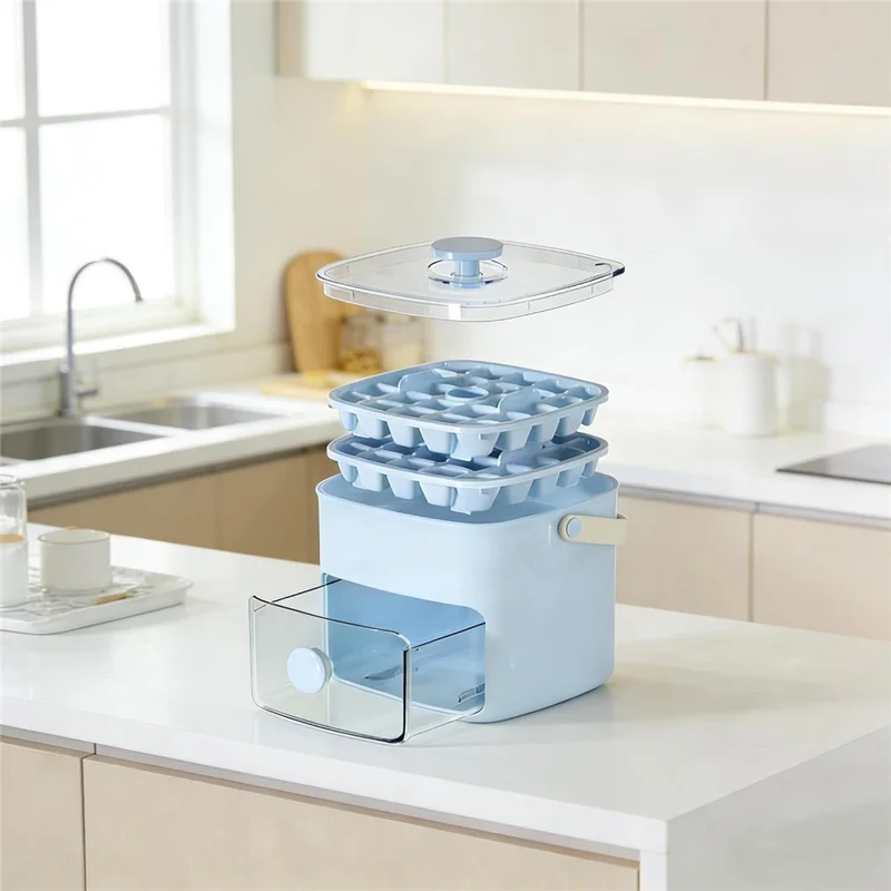 Molde para hielo de doble capa con 48 cavidades, sistema de pulsación y cajón de almacenamiento, bandeja portátil para cubitos de hielo (sin BPA, sin FDA) - Azul