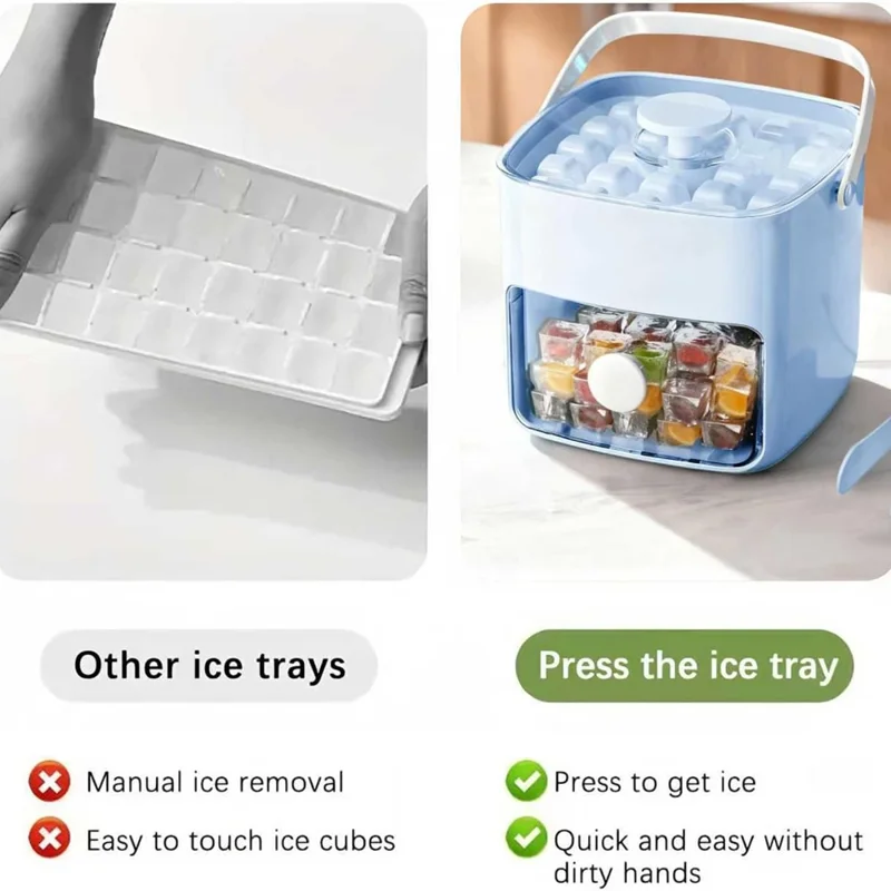 Molde para hielo de doble capa con 48 cavidades, sistema de pulsación y cajón de almacenamiento, bandeja portátil para cubitos de hielo (sin BPA, sin FDA) - Azul