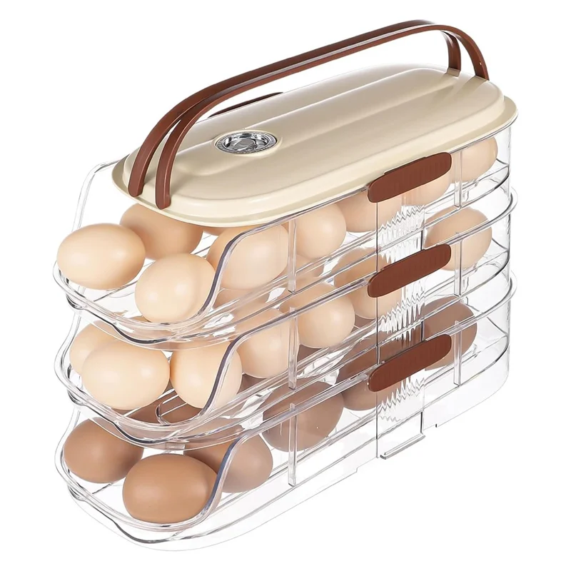 Contenedor de almacenamiento de huevos con rodillo automático de 3 niveles y doble fila Caja organizadora de plástico apilable para refrigerador - Transparente