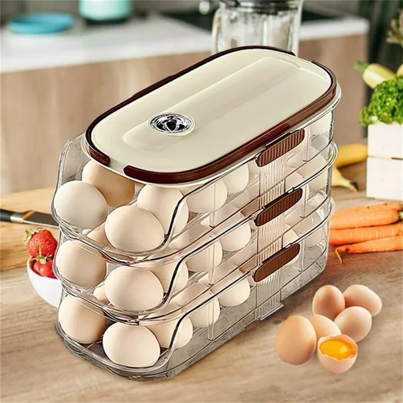 Contenedor de almacenamiento de huevos con rodillo automático de 3 niveles y doble fila Caja organizadora de plástico apilable para refrigerador - Transparente