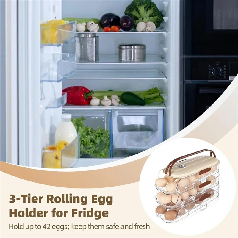 Contenedor de almacenamiento de huevos con rodillo automático de 3 niveles y doble fila Caja organizadora de plástico apilable para refrigerador - Transparente