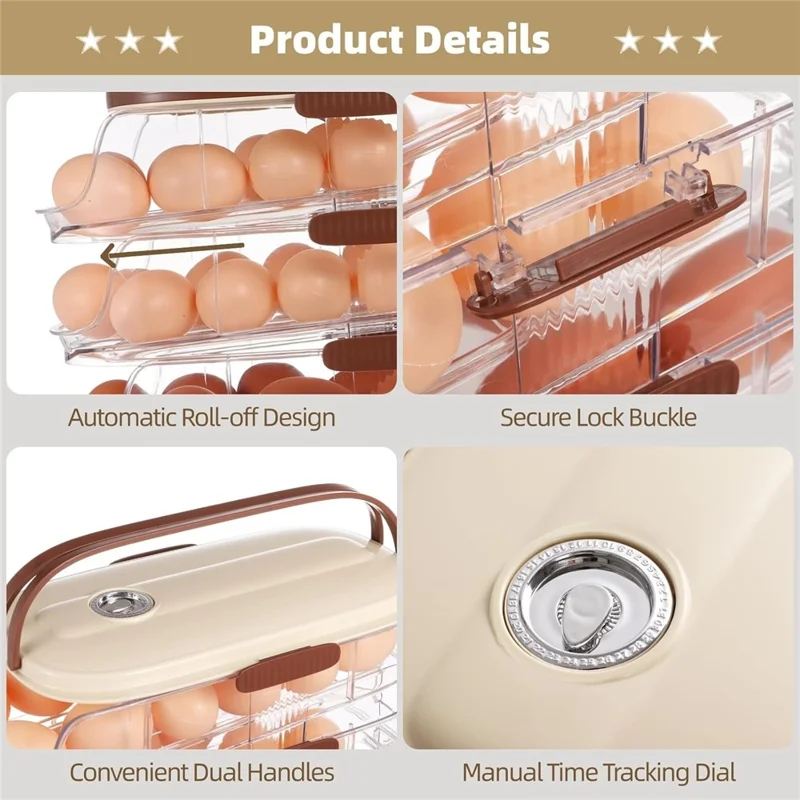 Contenedor de almacenamiento de huevos con rodillo automático de 3 niveles y doble fila Caja organizadora de plástico apilable para refrigerador - Transparente