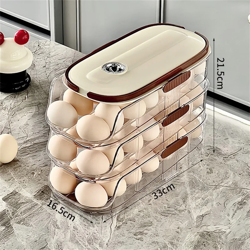 Contenedor de almacenamiento de huevos con rodillo automático de 3 niveles y doble fila Caja organizadora de plástico apilable para refrigerador - Transparente