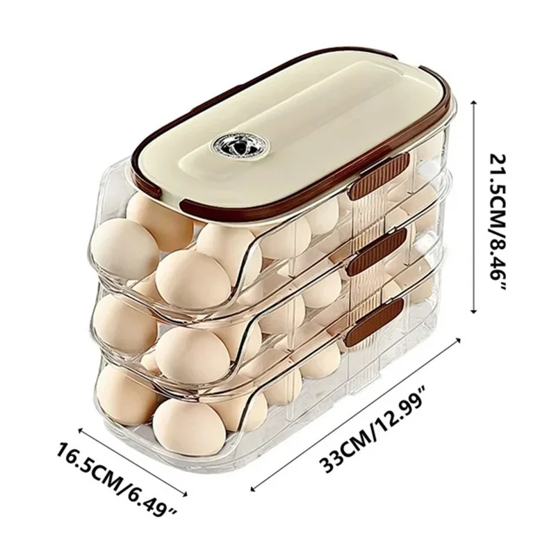 Contenedor de almacenamiento de huevos con rodillo automático de 3 niveles y doble fila Caja organizadora de plástico apilable para refrigerador - Transparente