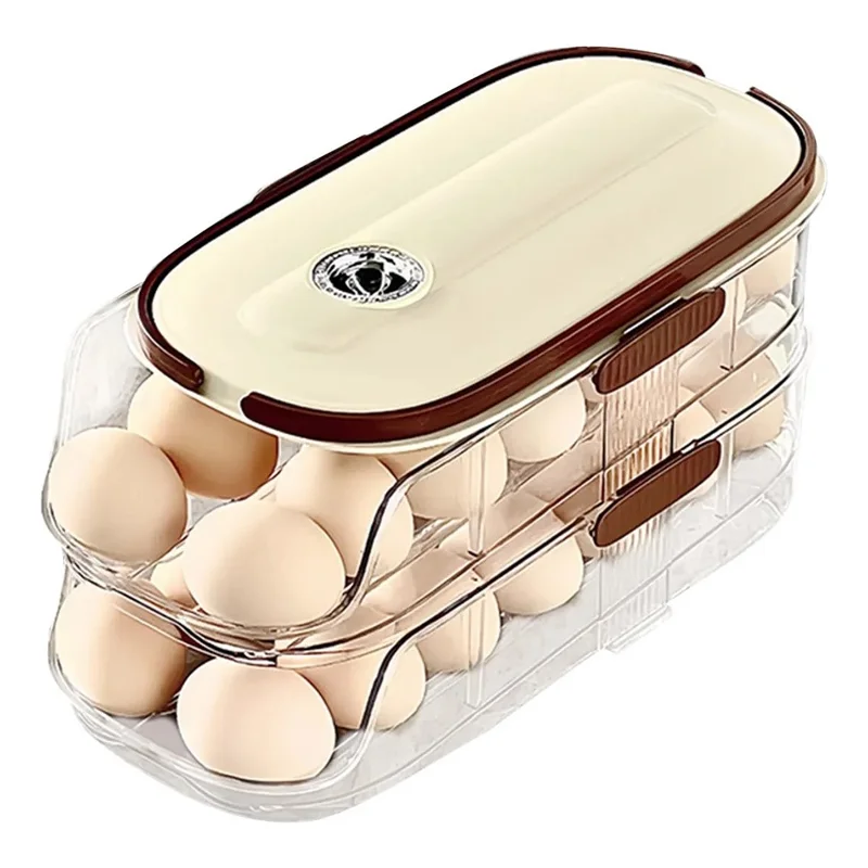 2 niveles, doble fila, contenedor de almacenamiento de huevos con rodadura automática, caja organizadora de huevos de plástico apilable para refrigerador - transparente