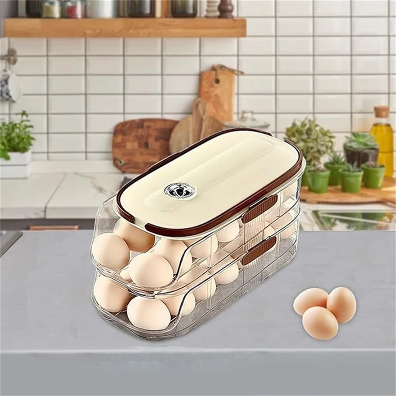 2 niveles, doble fila, contenedor de almacenamiento de huevos con rodadura automática, caja organizadora de huevos de plástico apilable para refrigerador - transparente